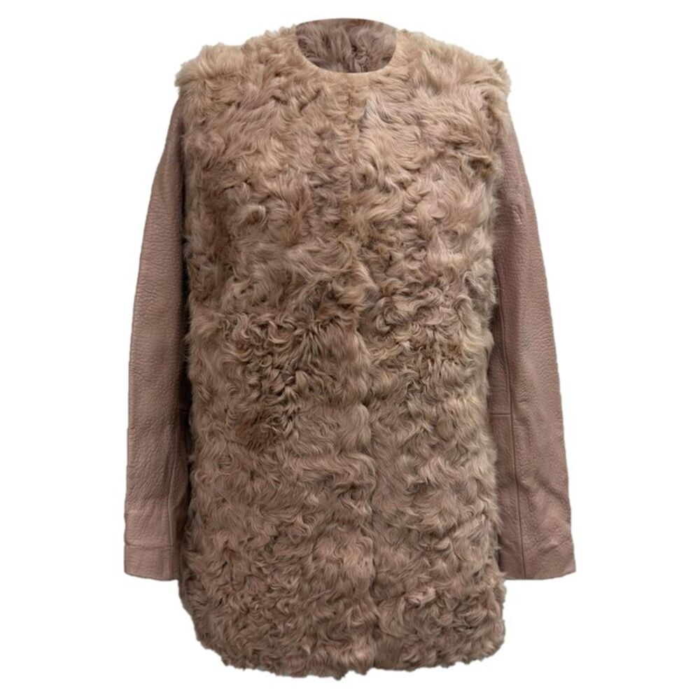Maje Textured Shearling Coat in Pink Lamb Leather